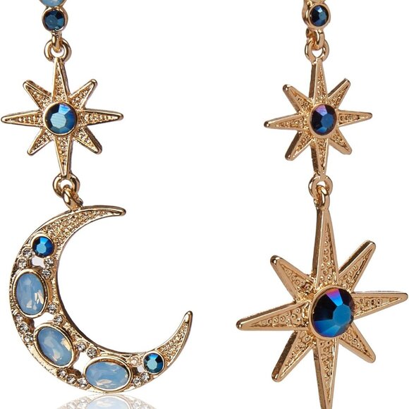 Celestial Moon & Star Drop Earrings Blue Glass Metal Women's Jewelry - Picture 1 of 3